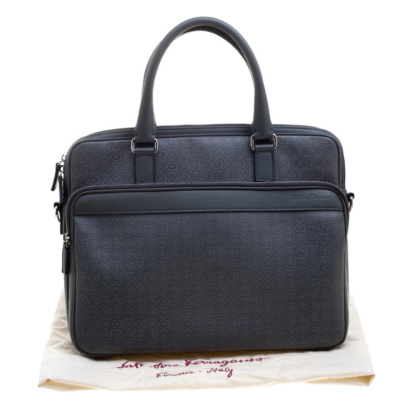Salvatore Ferragamo Grey Embossed Leather Laptop Bag 4