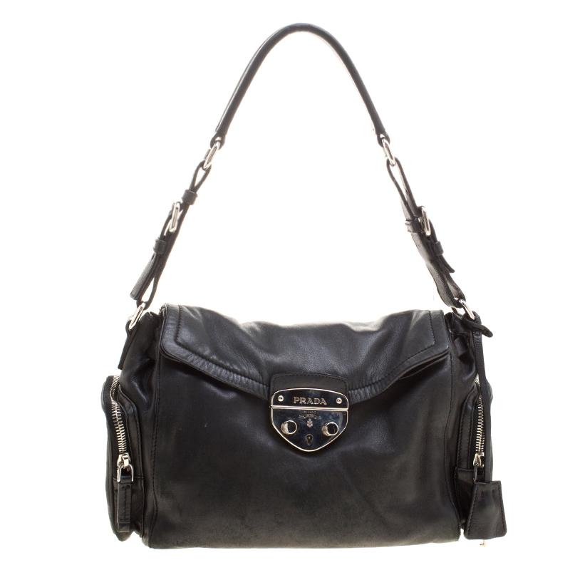 Prada Black Leather Antic Easy Pushlock Shoulder Bag