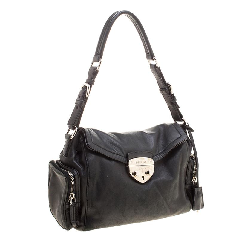 Women's Prada Black Leather Antic Easy Pushlock Shoulder Bag