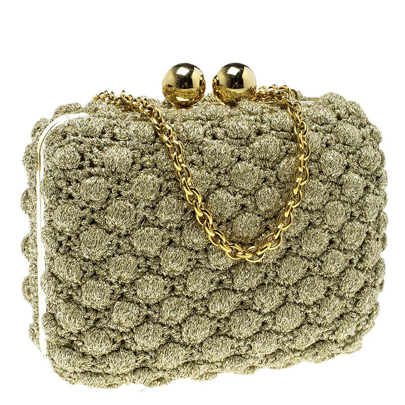 Dolce and Gabbana Gold Shimmering Fabric Chain Clutch 6