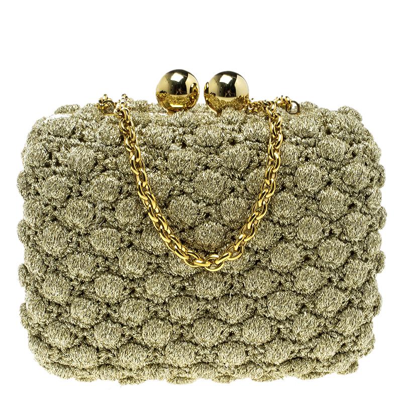 Dolce and Gabbana Gold Shimmering Fabric Chain Clutch