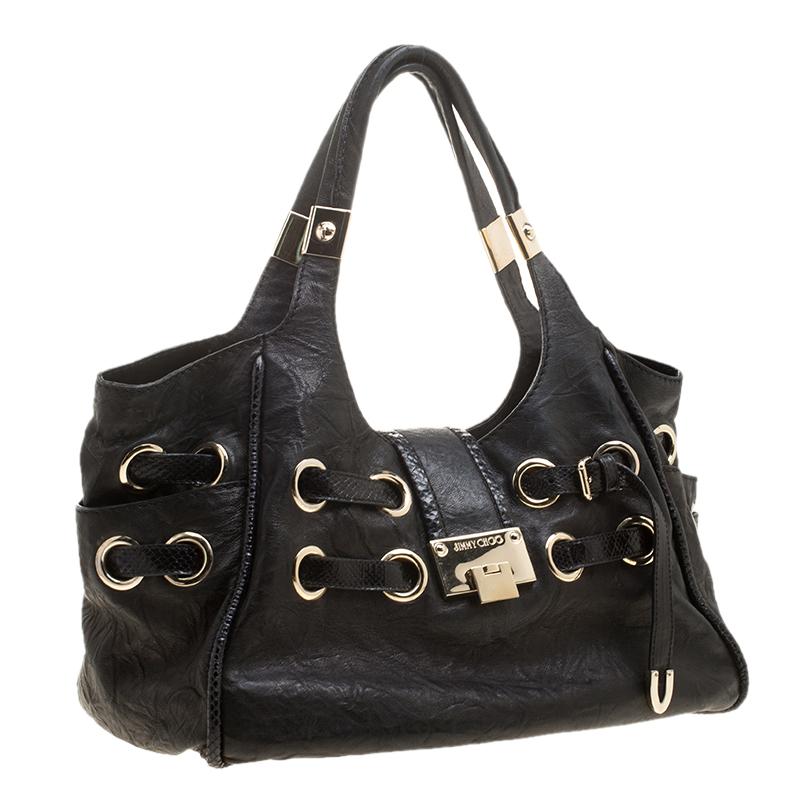 Jimmy Choo Black Glazed Crinkled Leather Riki Tote 5