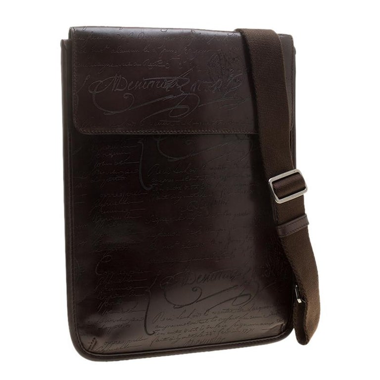 Berluti Brown Engraved Leather Messenger Bag For Sale at 1stDibs