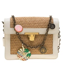 Lanvin Camel/Off White Woven Straw and Leather Charm Shoulder Bag