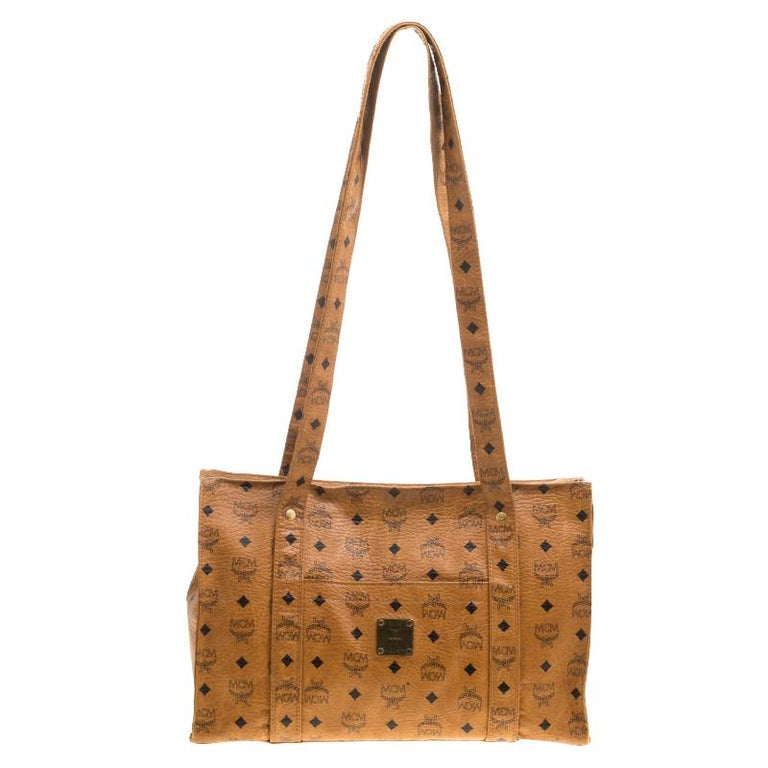 MCM Cognac Visetos Coated Canvas Large Heritage Top Zip Shopper Tote at