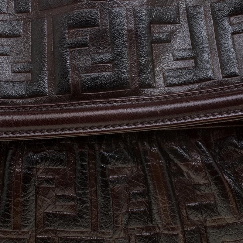 Fendi Dark Brown Zucca Embossed Leather Chef Shoulder Bag In Good Condition In Dubai, Al Qouz 2