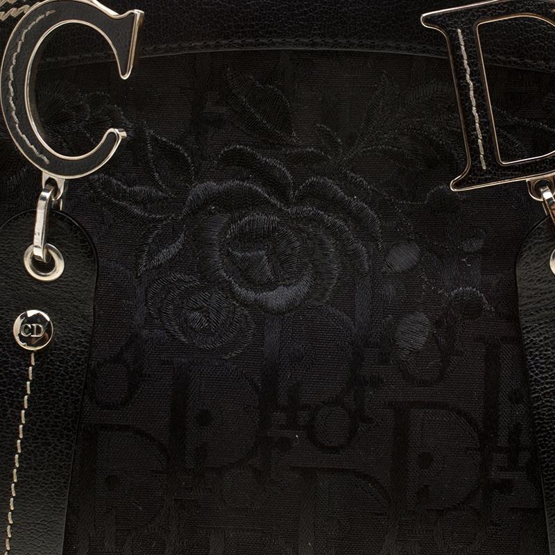 Dior Black Diorissimo Canvas Embroidered Flowers Frame Satchel 4