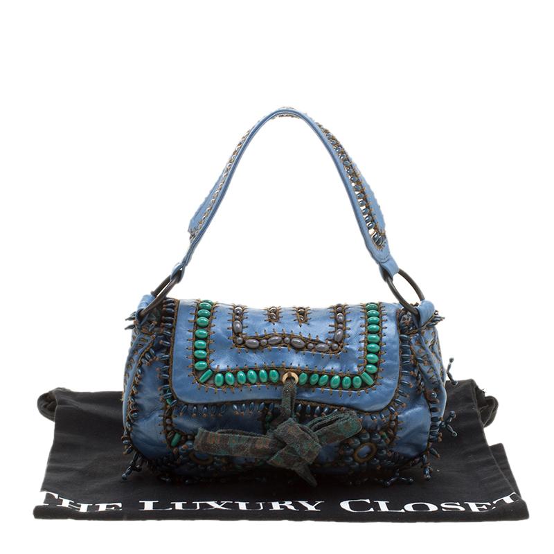 Jamin Puech Blue Leather Bead Embellished Shoulder Bag In Excellent Condition In Dubai, Al Qouz 2