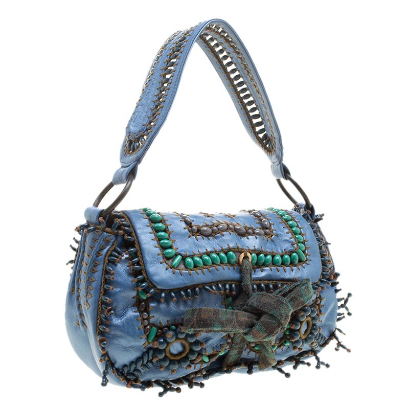 Jamin Puech Blue Leather Bead Embellished Shoulder Bag 2