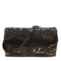 Valentino Black Leather Embellished Flat Shoulder Bag