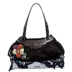 Miu Miu Brown Suede Flower Embroidered Shoulder Bag