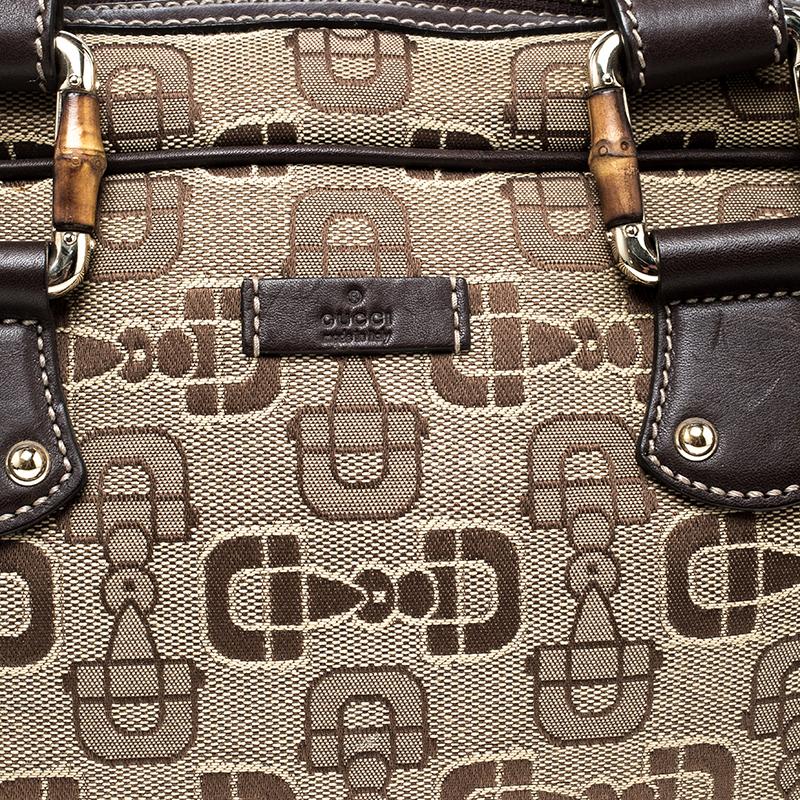 Gucci Beige/Brown Horsebit Canvas and Leather Boston Bag In Good Condition In Dubai, Al Qouz 2