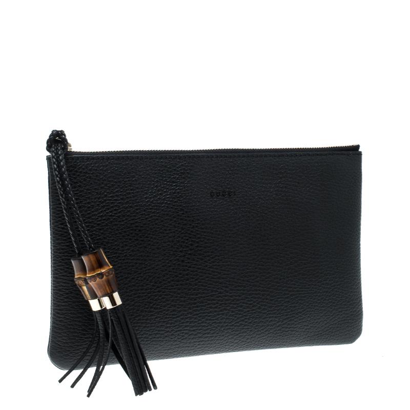 Gucci Black Leather Bamboo Tassel Clutch 4