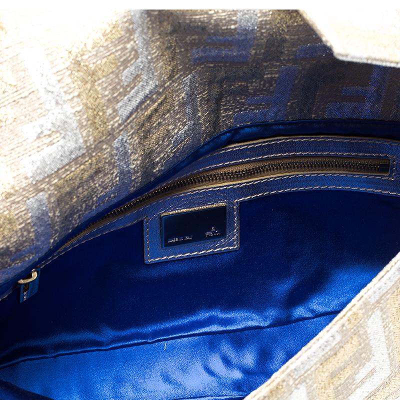 Fendi Metallic Beige Zucca Canvas and Leather Baguette Shoulder Bag 4