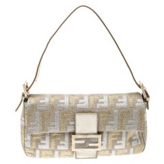 Fendi Metallic Beige Zucca Canvas and Leather Baguette Shoulder Bag