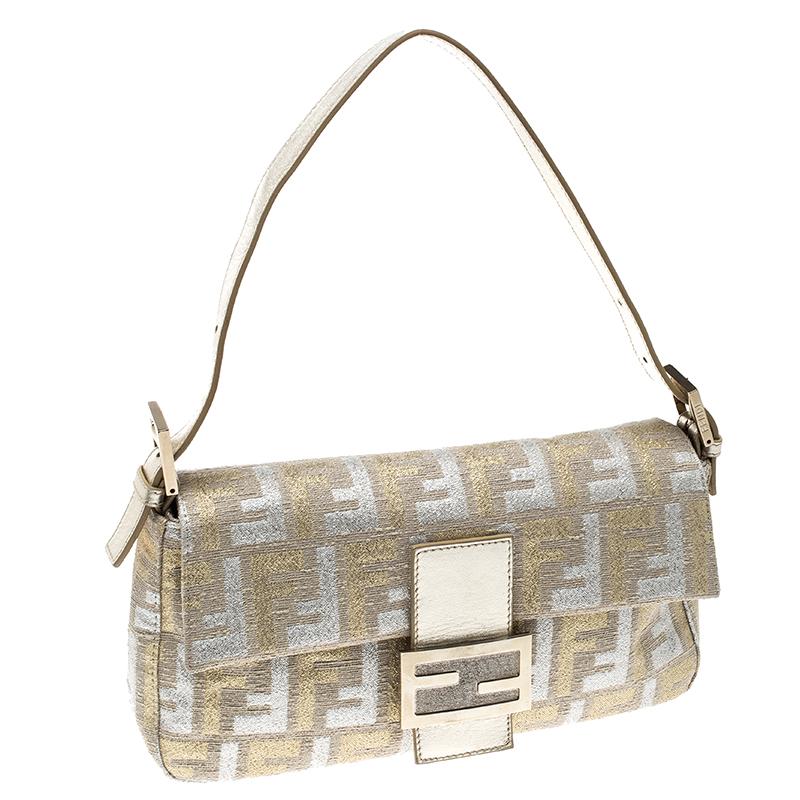 Women's Fendi Metallic Beige Zucca Canvas and Leather Baguette Shoulder Bag