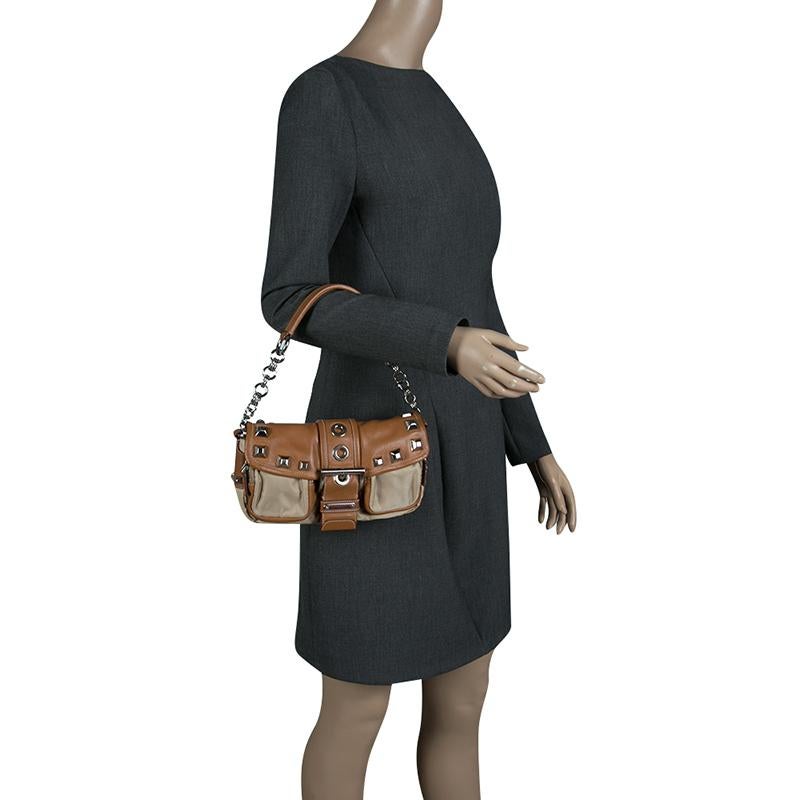 Brown Prada Beige/Tan Nylon and Leather Shoulder Bag