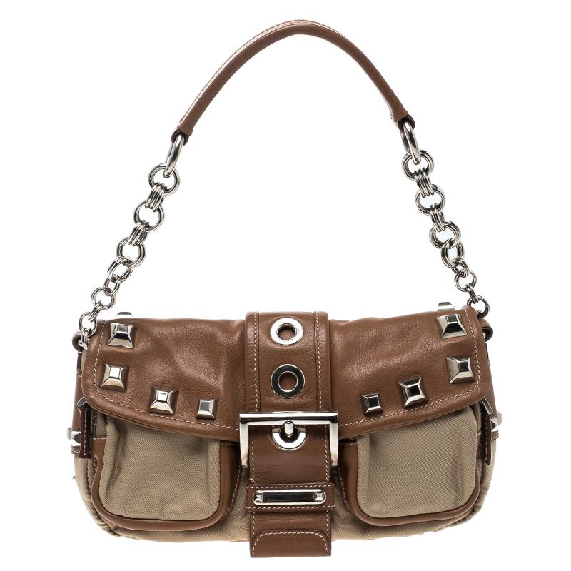 Prada Beige/Tan Nylon and Leather Shoulder Bag