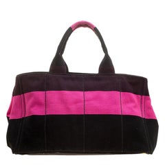 Prada Pink/Black Stripe Canvas Large Tote