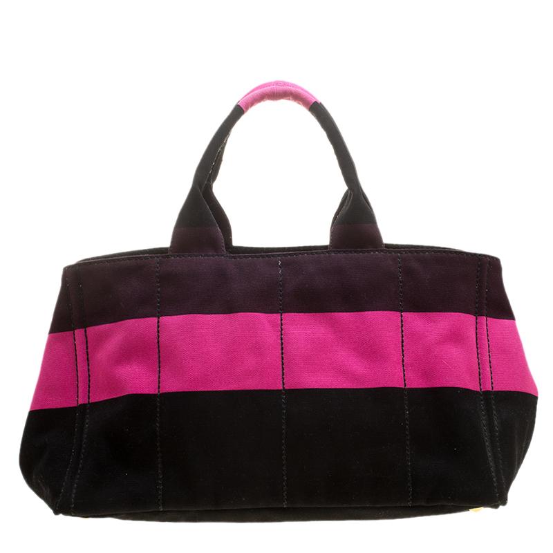 Women's Prada Pink/Black Stripe Canvas Large Tote