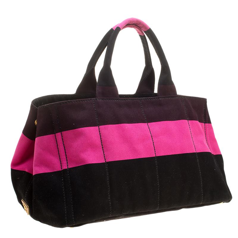 Prada Pink/Black Stripe Canvas Large Tote In Good Condition In Dubai, Al Qouz 2