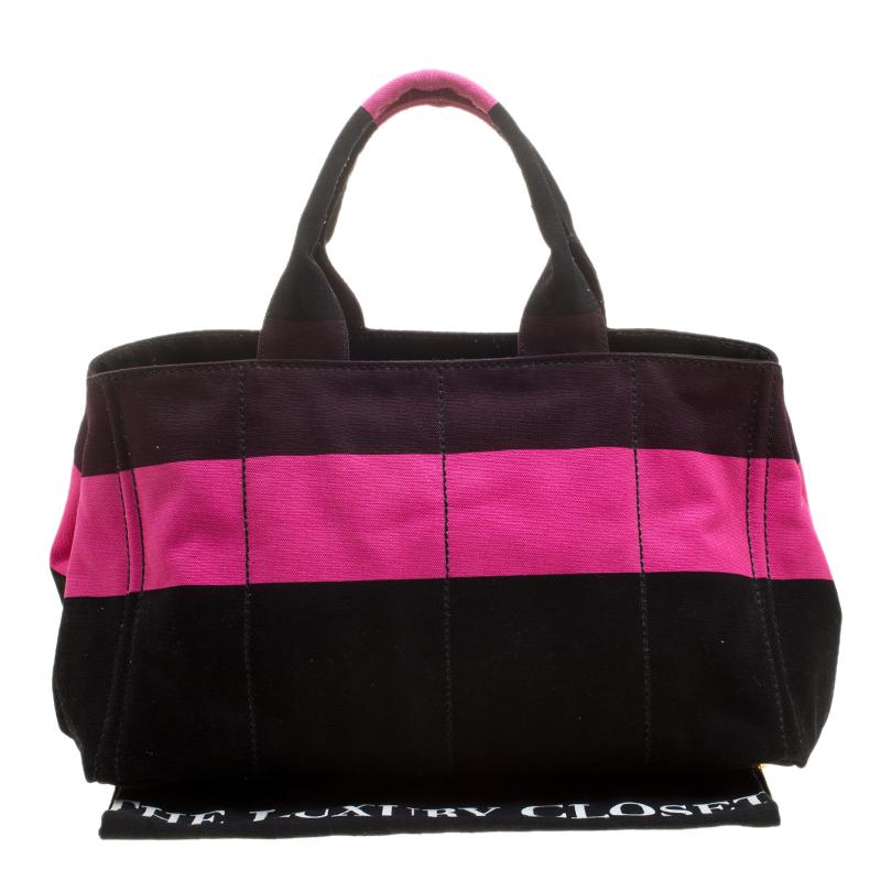 Prada Pink/Black Stripe Canvas Large Tote 5