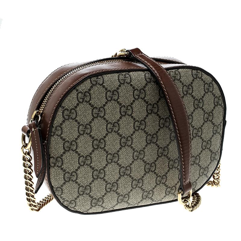 Black Gucci Beige/Cognac GG Supreme Canvas and Leather Mini Chain Crossbody Bag