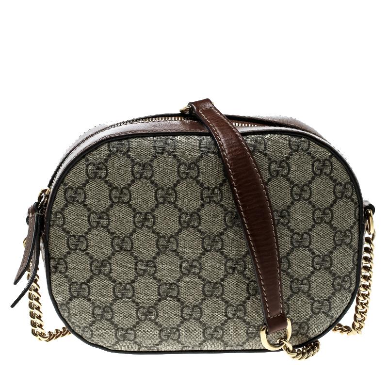 Gucci Beige/Cognac GG Supreme Canvas and Leather Mini Chain Crossbody Bag