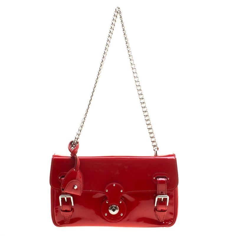 Ralph Lauren Red Patent Leather Ricky Chain Shoulder Bag