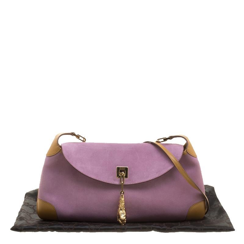 Gucci Purple/Tan Suede and Leather Tiger Charm Shoulder Bag 4