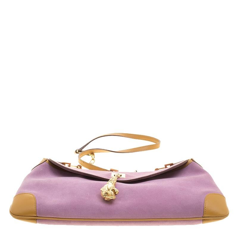 Gucci Purple/Tan Suede and Leather Tiger Charm Shoulder Bag 6