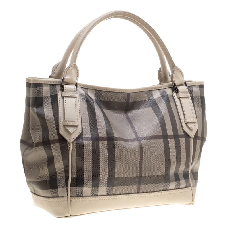 Burberry Beige Smoke Check PVC and Leather Tote 4