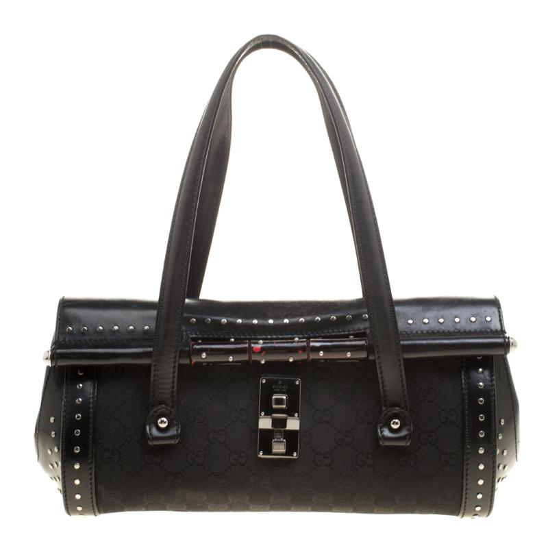 Gucci Black GG Canvas and Leather Bamboo Bullet Studded Satchel