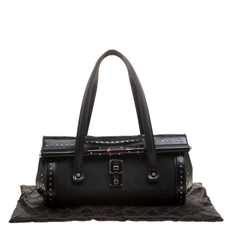 Gucci Black GG Canvas and Leather Bamboo Bullet Studded Satchel 6