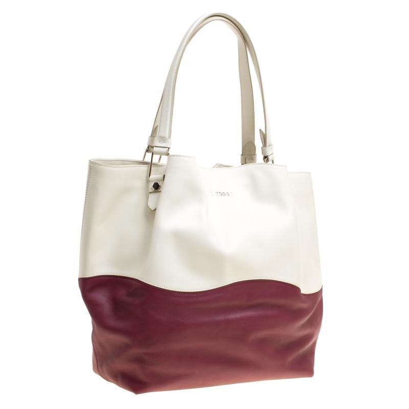 Tod's White/Burgundy Leather and Patent Leather Medium Flower Tote
