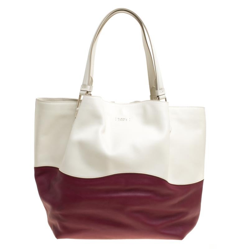 Tod's White/Burgundy Leather and Patent Leather Medium Flower Tote 6