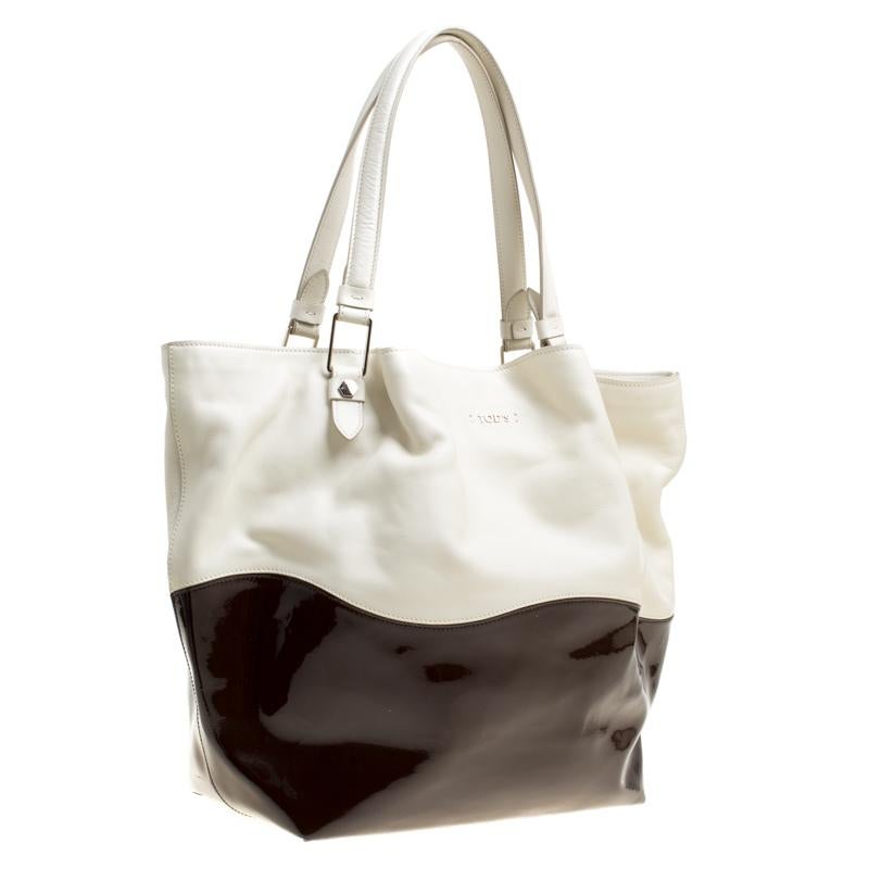 Women's Tod's White/Brown Leather and Patent Leather Medium Flower Tote