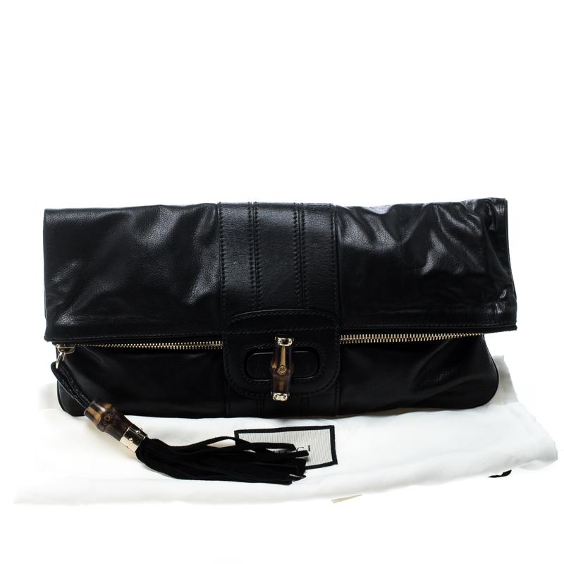 Women's Gucci Black Leather Large Lucy Bamboo Clutch