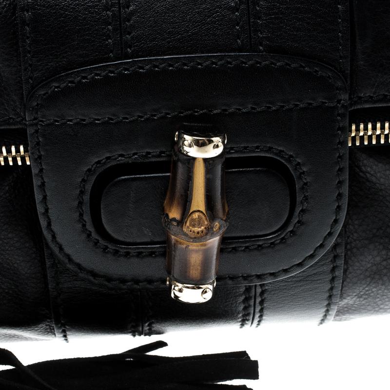 Gucci Black Leather Large Lucy Bamboo Clutch 6