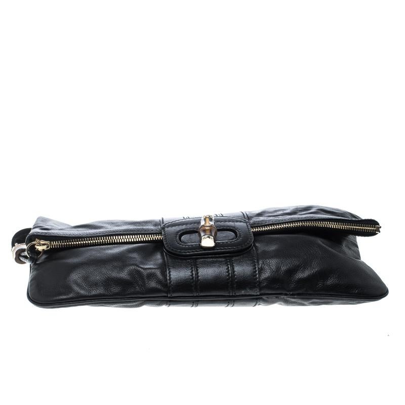 Gucci Black Leather Large Lucy Bamboo Clutch 3