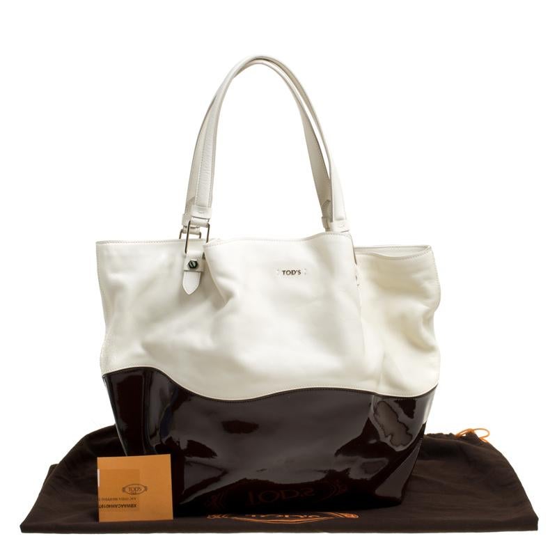 Tod's White/Brown Leather and Patent Leather Medium Flower Tote 2