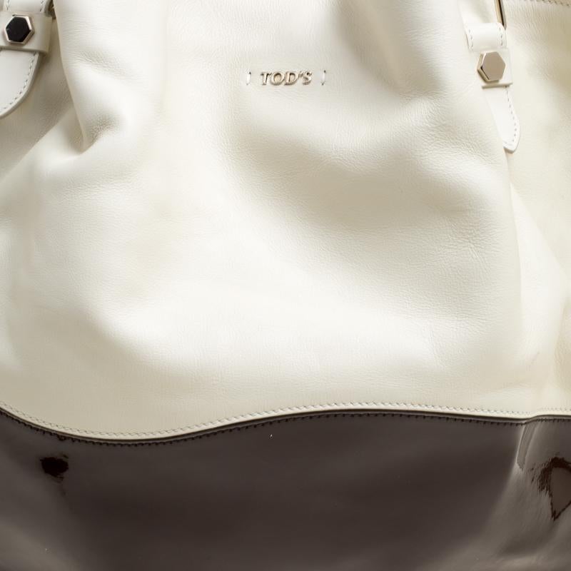Tod's White/Brown Leather and Patent Leather Medium Flower Tote 6