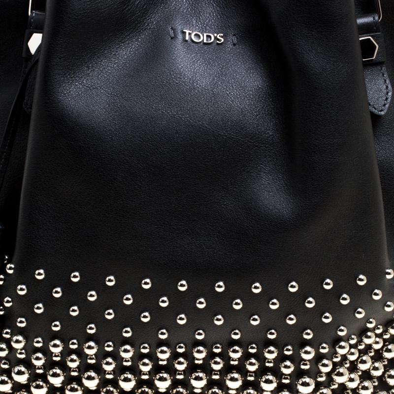 Tod's Black Leather Small Flower Studded Shopper Tote 2
