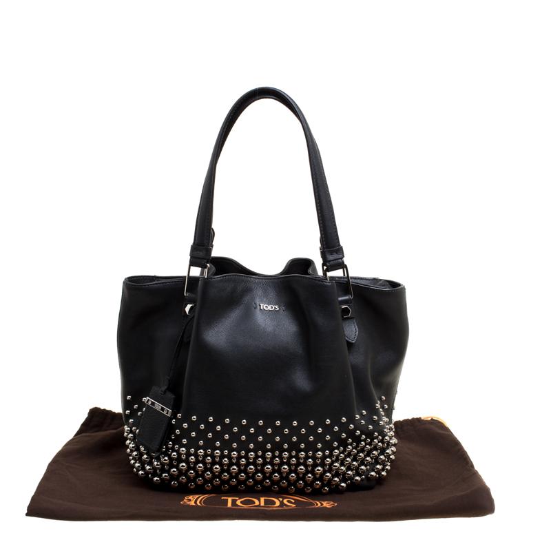 Tod's Black Leather Small Flower Studded Shopper Tote 6