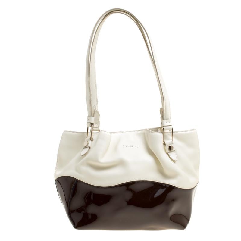 Tod's White/Brown Leather Small Flower Shopper Tote
