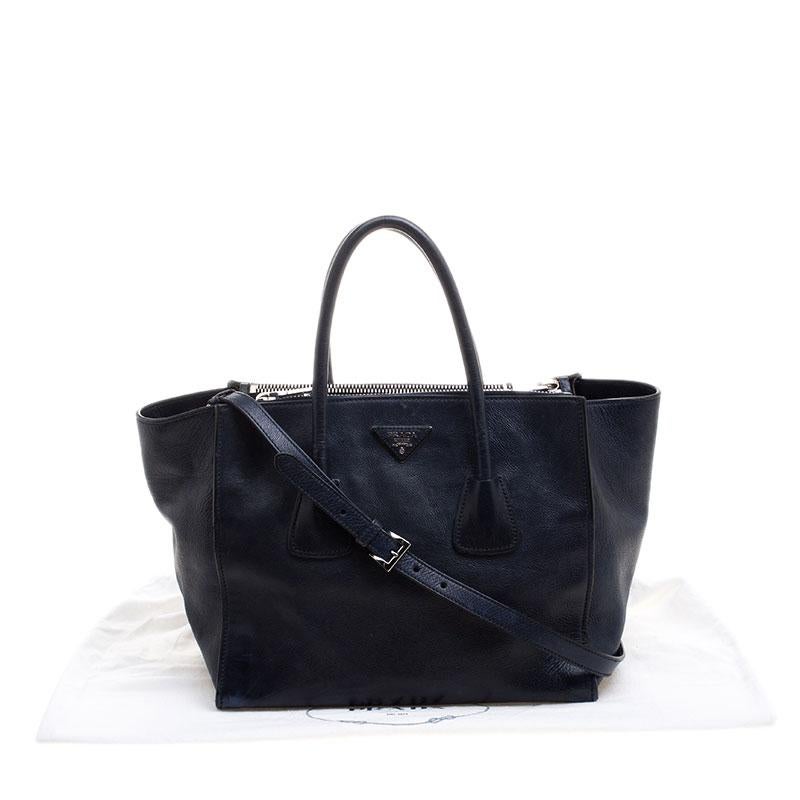 Prada Navy Blue Leather Double Zip Tote 1