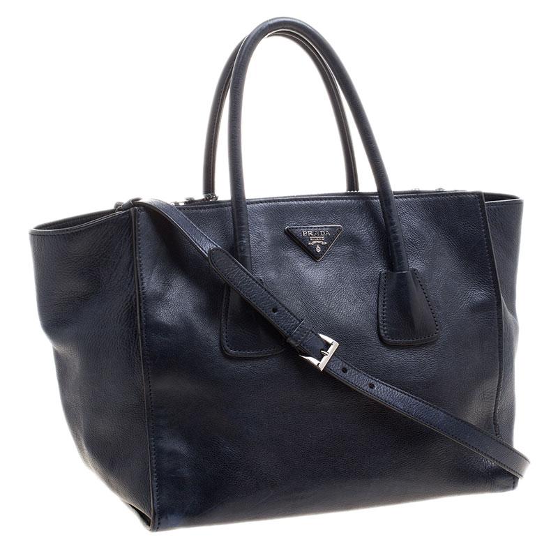 Women's Prada Navy Blue Leather Double Zip Tote