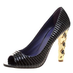 Miu Miu Black Plisse Patent Leather Crystal Embellished Heel Peep Toe Pumps Size
