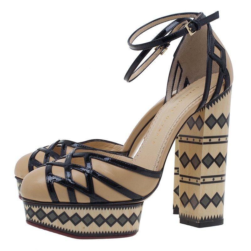 Charlotte Olympia Beige and Black Ay Caramba! Ankle Strap Sandals Size 40 1