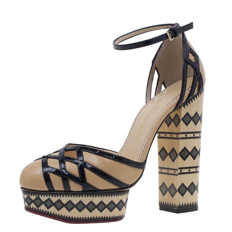 Charlotte Olympia Beige and Black Ay Caramba! Ankle Strap Sandals Size 40